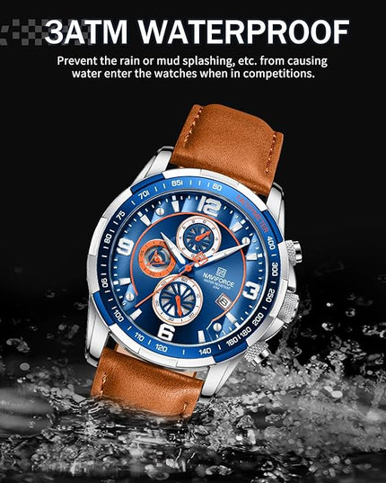 NAVIFORCE Sport Watches for Men Analog Quartz Chronograph Leather Strap Wrist Watch