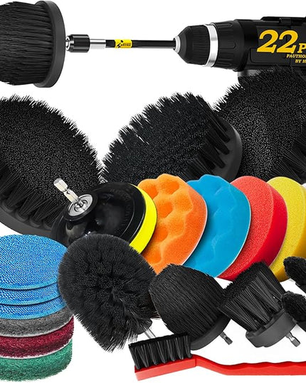 Holikme 22Pack Drill Brush Attachments Set, Scrub Pads & Sponge, Buffing Pads, Power Scrubber Brush, Car Polishing Pad Kit,Wax Applicator Pad,Car Cleaning Kit，Cleaning Supplies，Masonry Brushes,Black