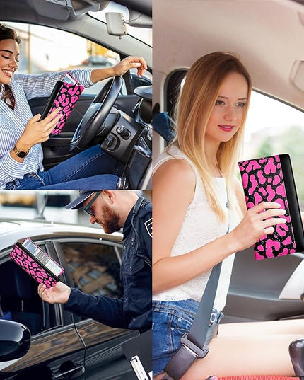 Car Registration and Insurance Holder with Magnetic Closure, Universal Document Organizer for License, Insurance Cards & Glove Box Storage (Leopard-Glitter Hot Pink)