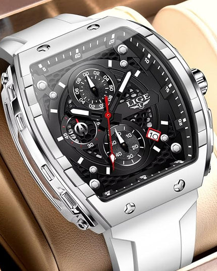 Mens Watches,Unique Rectangular Quartz Analog Watch,Outdoor Sports Multi-Function Watch,Chronograph/Waterproof/Luminous/Calendar,Durable Silicone Strap Mens Casual Watches