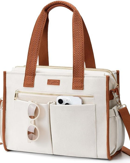 Canvas Tote Bag for Women, 15-Pockets Work Laptop Tote Purse Large Crossbody Nurse Teacher Bible Bag for School Travel Daily | with Strap & Zipper, Multi Compartment, Stand Upright Stably, College Shoulder Bag, Clinical Nursing Bag, Ideal Gift for Women