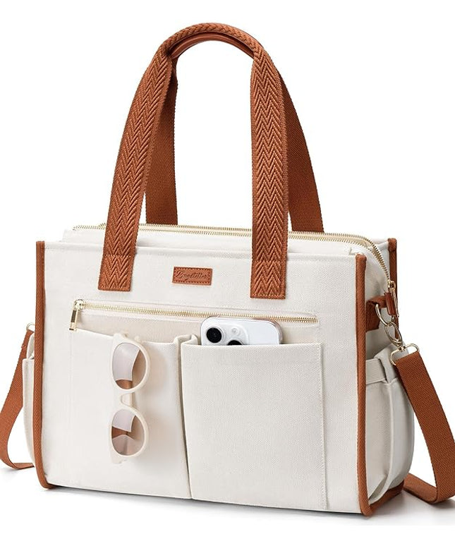 Canvas Tote Bag for Women, 15-Pockets Work Laptop Tote Purse Large Crossbody Nurse Teacher Bible Bag for School Travel Daily | with Strap & Zipper, Multi Compartment, Stand Upright Stably, College Shoulder Bag, Clinical Nursing Bag, Ideal Gift for Women