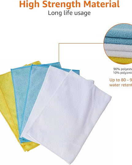 Amazon Basics Microfiber Cleaning Cloths for Cars, Non-Abrasive, Highly Absorbent, Lint and Scratch-Free, Reusable and Washable, Car Detailing Towels, 16" x 12", Blue/White/Yellow, 144-Pack