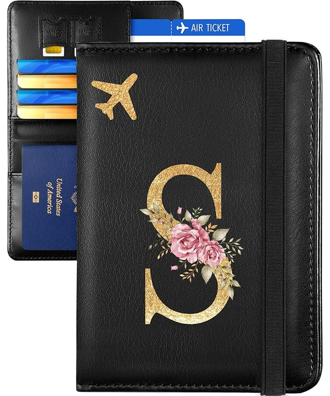 Slohif Initial Passport Holder Cover Wallet Case for Travel Women - Leather Letter Passport Book Family Multiple Personalized Organizer Card Slots Protector Sleeve Essentials Slim Carrier Black S