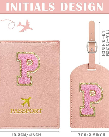 COSHAYSOO Initial Passport Cover Luggage Tag Set Letter Passport Holder Airplane Cruise Travel Essentials Vacation Traveling Accessories Personalized Gifts for Women Teen College Girls Pink P