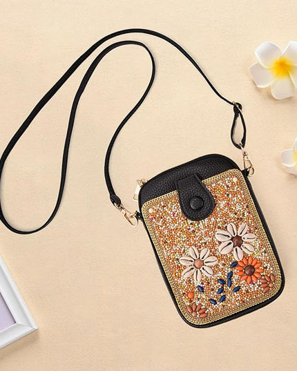 Women's Small Crossbody Cell Phone Bag, Boho Colorful Beaded Purse Wallet with Handmade Cute Patterns