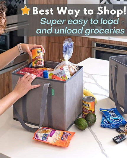 Reusable Grocery Bags (3 Pack) – Heavy Duty Reusable Shopping Bags with Box Shape to Stand Up, Stay Open, Fold Flat – Large Tote Bags are Foldable with Long Handles & Hard Bottom (Navy Blue)