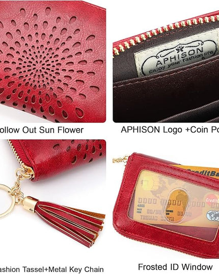 APHISON RFID Credit Card Holder Zipper Card Case Keychain Small Wallet for Women 1927 RED