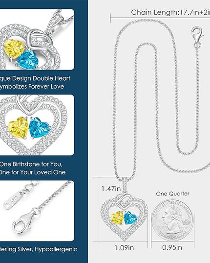 LOUISA SECRET Sparkling Double Heart Birthstone Necklaces for Women, 925 Sterling Silver Fine Jewelry, Pendant Heart Necklaces Birthday Anniversary Christmas Gift for Women Wife Mom Girlfriend Lady