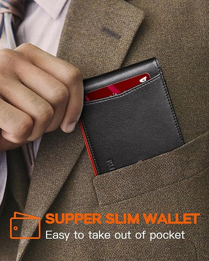 RUNBOX Slim Wallet for Men Genuine Leather RFID Blocking Bifold Minimalist Front Pocket Mens Wallet with Money Clip Thin Gift Box