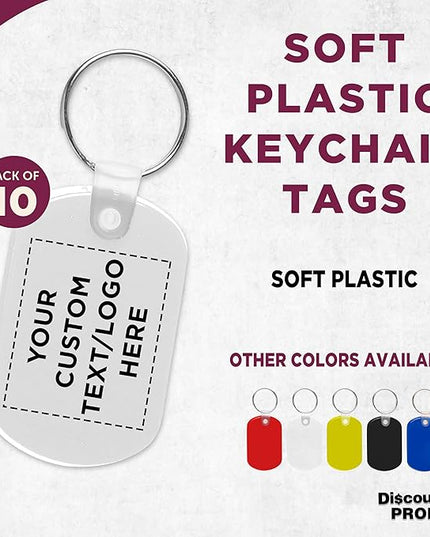 DISCOUNT PROMOS Tag Soft Plastic Keychains - 10 pack - Customizable Text, Logo - Small Key Tag Chain For Staying Organized - Rubber Key Ring Keychain – White