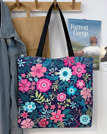 Canvas Tote Bag for Women，Cute Heavy-Duty Shoulder Bag with Zipper Pocket -Travel Tote for Grocery, Gym,Shopping