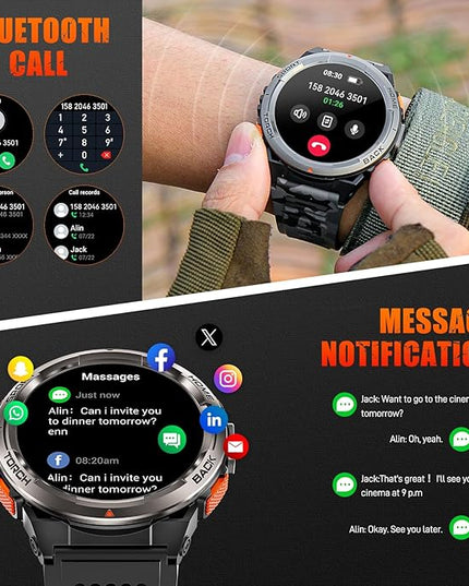 EIGIIS KE5 Military Smart Watch for Men with Flashlight SOS 3ATM Waterproof Watch 530mAh Big Battery 1.45" Rugged Tactical Smartwatch with Compass Elevation Barometer Fitness Watch for iPhone (Green)