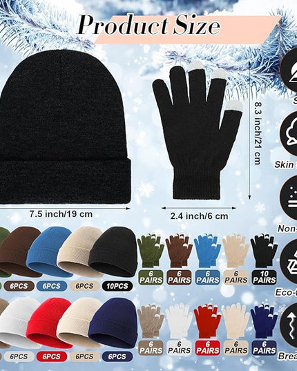 Suhine Bulk Winter Hats and Gloves Set Warm Beanie Gloves Pack Homeless Supplies for Cold Weather Charity