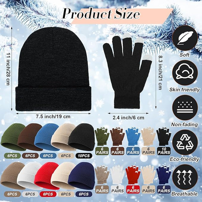 Suhine Bulk Winter Hats and Gloves Set Warm Beanie Gloves Pack Homeless Supplies for Cold Weather Charity