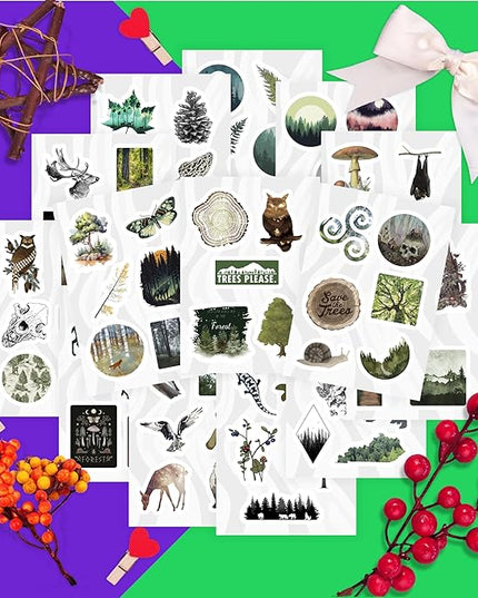 BulbaCraft 100Pcs Forest Stickers for Water Bottle and Laptop - Forest Party Supplies & Decorations, Waterproof Vinyl Decals, Nature and Tree Stickers, Gifts for Women & Men