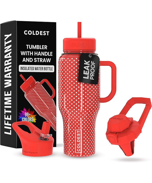 Coldest Tumbler with Handle and Straw - 100% Leak Proof Insulated Tumbler with Lid and Straw (3 Lids) - Stainless Steel Tumblers for Women & Men - Cup Holder Friendly Base, 36 oz (Red Dress)