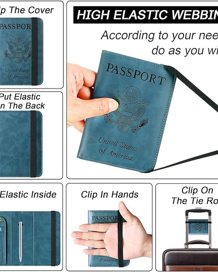 Passport Holder Cover Wallet Travel Essentials Leather Rfid Blocking Case Vacation Luggage Must Haves Travel Accessories for Men Women (116#Blue)