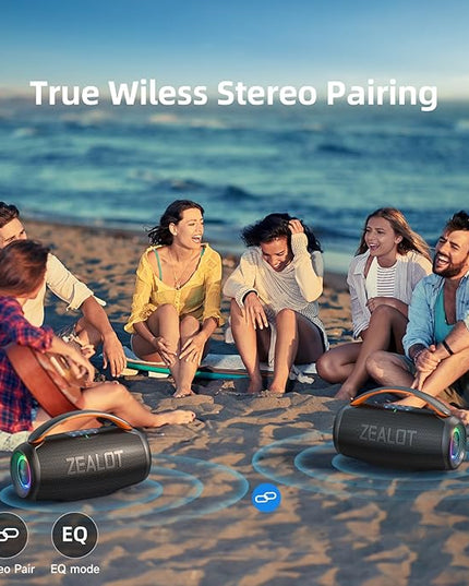 ZEALOT P11 Bluetooth Speaker, 80W Peak Wireless Stereo, Ultra Lightweight Portable Design and IPX6 Waterproof, Customize EQ for Outdoor/Camping/Beach/Travel (Black)