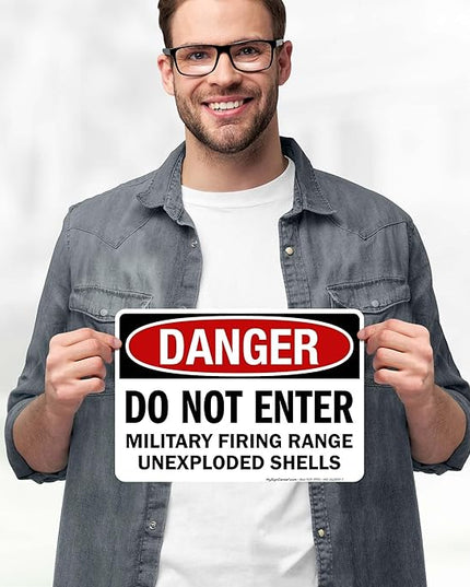 Danger Do Not Enter Military Firing Range Unexploded Shells Sign, 10x7 Inches, 4 Mil Vinyl Decal Stickers Weather Resistant, Made in USA by My Sign Center