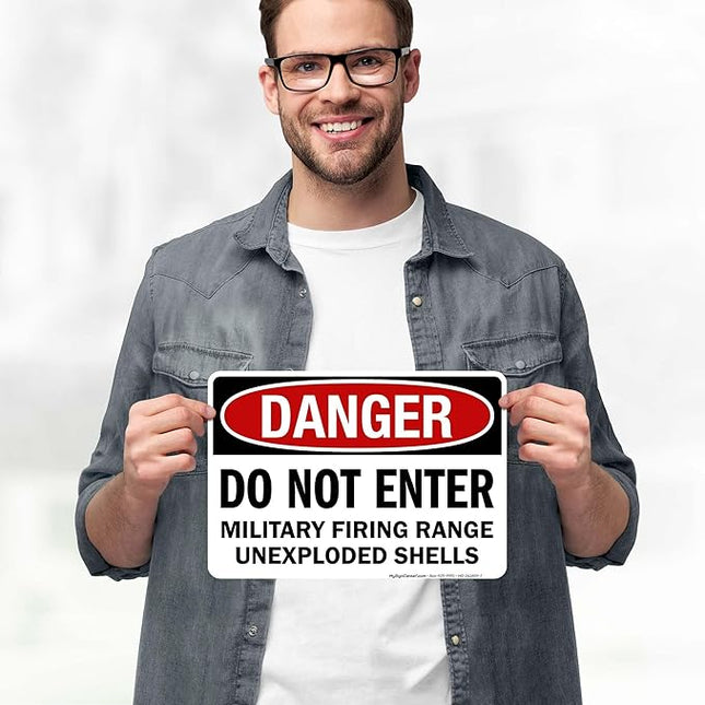 Danger Do Not Enter Military Firing Range Unexploded Shells Sign, 10x7 Inches, 4 Mil Vinyl Decal Stickers Weather Resistant, Made in USA by My Sign Center
