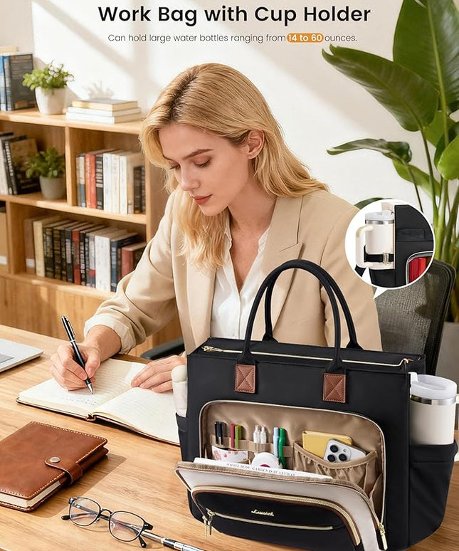 LOVEVOOK Insulated Lunch Bag,2-in-1 Work Tote Bag with Lunch Compartment,Large Capacity Professional Work Bag for Women,15.6 Inch Laptop Bag with Cup Holder for Teacher,Nurse,College,Office,Travel
