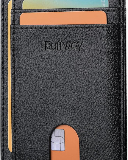 Buffway Slim Minimalist Front Pocket RFID Blocking Leather Wallets for Men and Women - Lichee Black