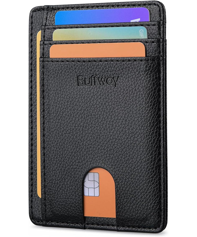 Buffway Slim Minimalist Front Pocket RFID Blocking Leather Wallets for Men and Women - Lichee Black