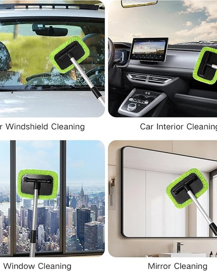 11pcs Windshield Cleaner Tool, Car Window Cleaning Wash Kit with 6 Reusable Microfiber Pads 2 Spray Bottles and Extendable Handles Auto Glass Wiper Kit, Blue & Green