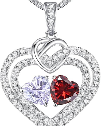 LOUISA SECRET Sparkling Double Heart Birthstone Necklaces for Women, 925 Sterling Silver Fine Jewelry, Pendant Heart Necklaces Birthday Anniversary Christmas Gift for Women Wife Mom Girlfriend Lady