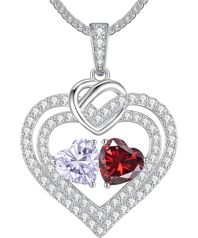 LOUISA SECRET Sparkling Double Heart Birthstone Necklaces for Women, 925 Sterling Silver Fine Jewelry, Pendant Heart Necklaces Birthday Anniversary Christmas Gift for Women Wife Mom Girlfriend Lady