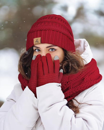 Winter Beanie Hat Scarf Gloves, Warm Fleece Knit Hats Touch Screen Gloves Neck Scarf Set Winter Gifts for Unisex Adult