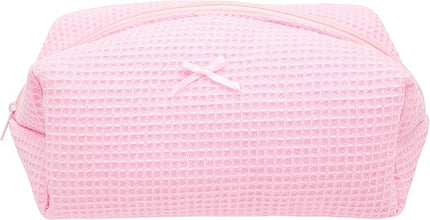 Cozy Makeup Bag Travel Cosmetic Bag for Women Soft Toiletry Bag Aesthetic Makeup Organizer Portable Large Zipper Pouch for Skincare Beauty Accessories Brushes Walffle Check Pink
