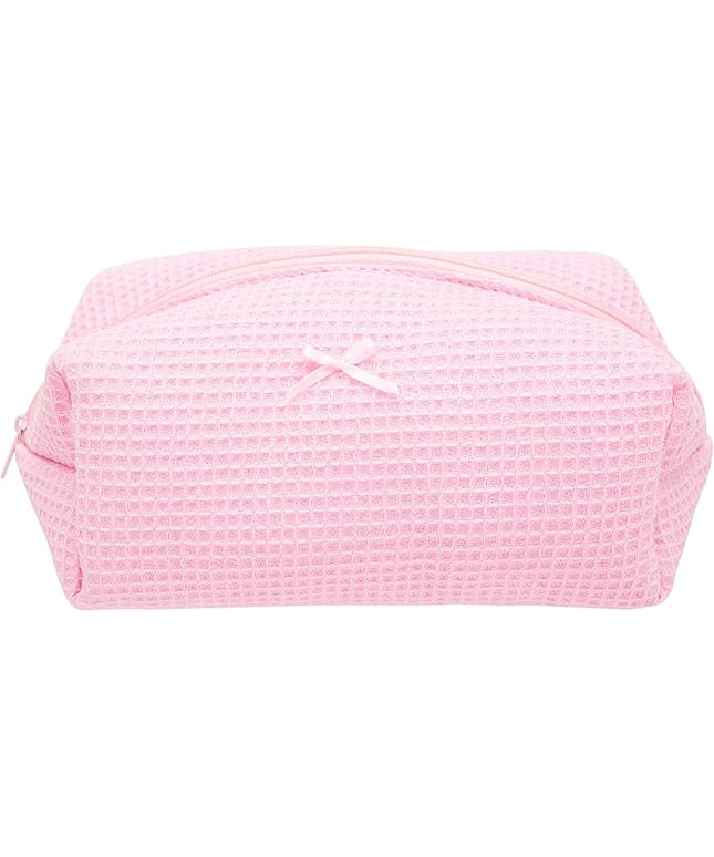 Cozy Makeup Bag Travel Cosmetic Bag for Women Soft Toiletry Bag Aesthetic Makeup Organizer Portable Large Zipper Pouch for Skincare Beauty Accessories Brushes Walffle Check Pink