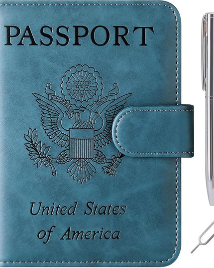 Passport Holder Cover Wallet Travel Essentials Leather Rfid Blocking Case Vacation Luggage Must Haves Travel Accessories for Men Women (120#Blue)