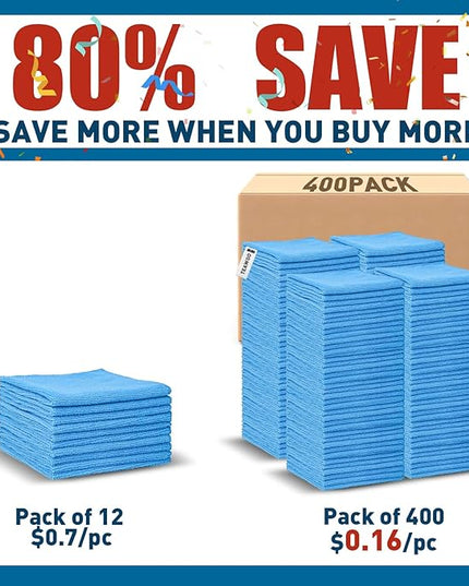 Blue Microfiber Towels Bulk-400 Pack, Cleaning Cloths Bulk, Microfiber Towels for Cars, Cleaning Rags Blue (12x12 inches)