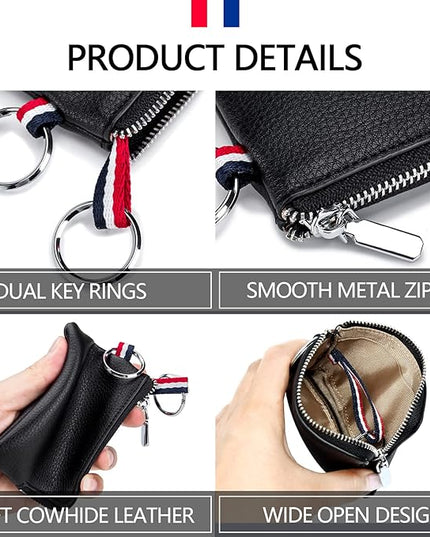 Plinvo Mini Genuine Leather Wallet Coin Purse with Dual Keyrings Compact Change Pouch and Card Holder for Men and Women (Coffee)