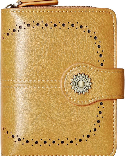 TFKGS Small Womens Wallet Leather RFID Blocking Bifold Compact Card Holder Ladies Zipper Accordion Pocket with ID Window Yellow