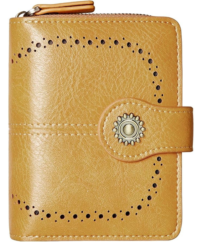 TFKGS Small Womens Wallet Leather RFID Blocking Bifold Compact Card Holder Ladies Zipper Accordion Pocket with ID Window Yellow