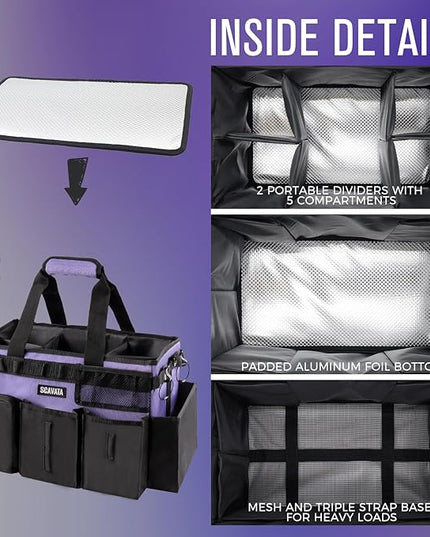 Wearable Cleaning Caddy Bag, Cleaning Caddy Supplies Organizer with Handle & Shoulder Straps for Housekeepers, Under Sink & Car Cleaning Tool Organizers with 4 Foldable Divider (Purple)