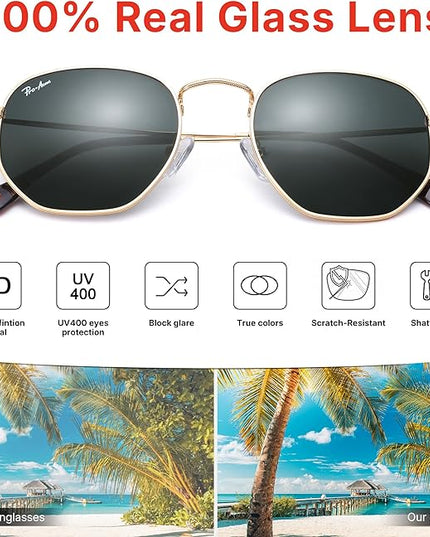 Pro Acme Small Square Sunglasses for Women Men 100% Real Glass Lens Hexagonal Frame