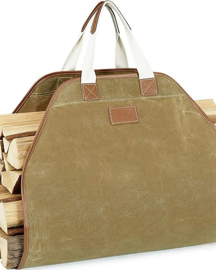 INNO STAGE Canvas Log Carrier Bag,Durable Wood Tote,Fireplace Stove Accessories,Extra Large Firewood Holder with Handles for Camping (44" L x 21" W-Khaki)