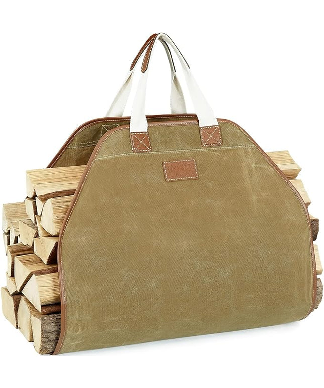INNO STAGE Canvas Log Carrier Bag,Durable Wood Tote,Fireplace Stove Accessories,Extra Large Firewood Holder with Handles for Camping (44" L x 21" W-Khaki)