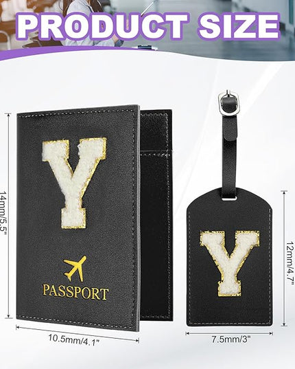PATIKIL Passport Holder for Travel, Initial Passport Cover and Luggage Tag Set with Alphabet Chenille Letter Patch Travel Wallet Bag Suitcase Identifier for Women Family Travel Black Y