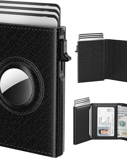 typecase Mens Wallet Card Holder for AirTag: Leather Smart Wallet for Men Compatible with Apple Air Tag, RFID Blocking, Slim, Minimalist - 9-14 Card Capacity | ID Window | Cash Slot (Dark Black)