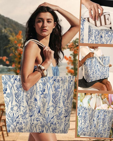 Large Tote Bag for Women - Aesthetic Cute Big Canvas Bags with Zipper Cotton Shoulder Bag for Gym, Travel, Work