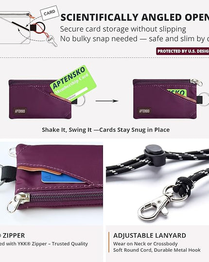 RFID Travel Wallet with Adjustable Lanyard-Zipper Small Wallet with ID Card Holder, Keychain for women&men-Minimalist Slim Waterproof Nylon case for ID, Cash, Key (Plum Wine)