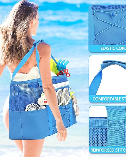 Mesh Beach Bag, Large Beach Tote with Zipper Pocket, Toys Pool Bag for Family Travel Vacation Cruise Essentials