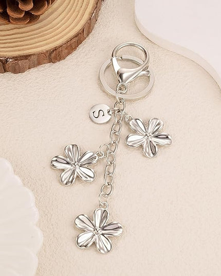 XGALBLA Gold/Silver Initial Keychain Flower Charms for Key Cute Letter Keyring for Purse Handbag Backpack