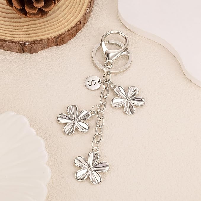 XGALBLA Gold/Silver Initial Keychain Flower Charms for Key Cute Letter Keyring for Purse Handbag Backpack